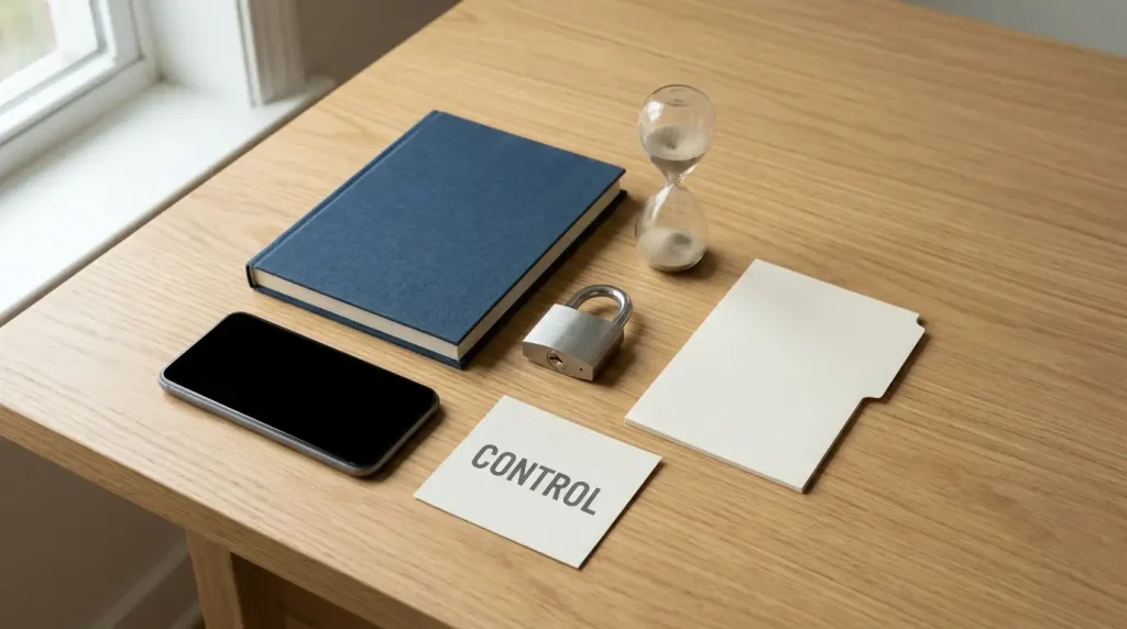 A closed notebook, blank phone screen, simple metal padlock and unmarked timer on a light wooden desk