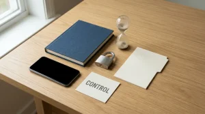 A closed notebook, blank phone screen, simple metal padlock and unmarked timer on a light wooden desk