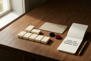 A wooden tabletop with unmarked abstract reel tiles and plain black and red table-game discs under soft daylight