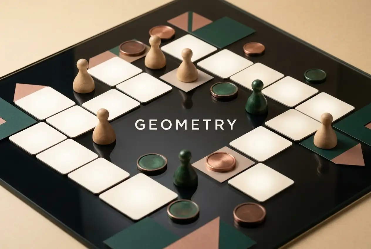 Abstract tabletop with illuminated game tiles and a row of unmarked geometric pieces