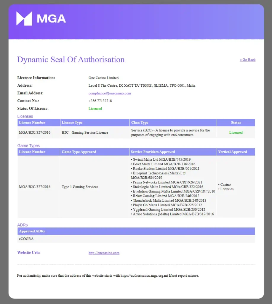 Public Malta Gaming Authority licence record showing the One Casino Limited entry