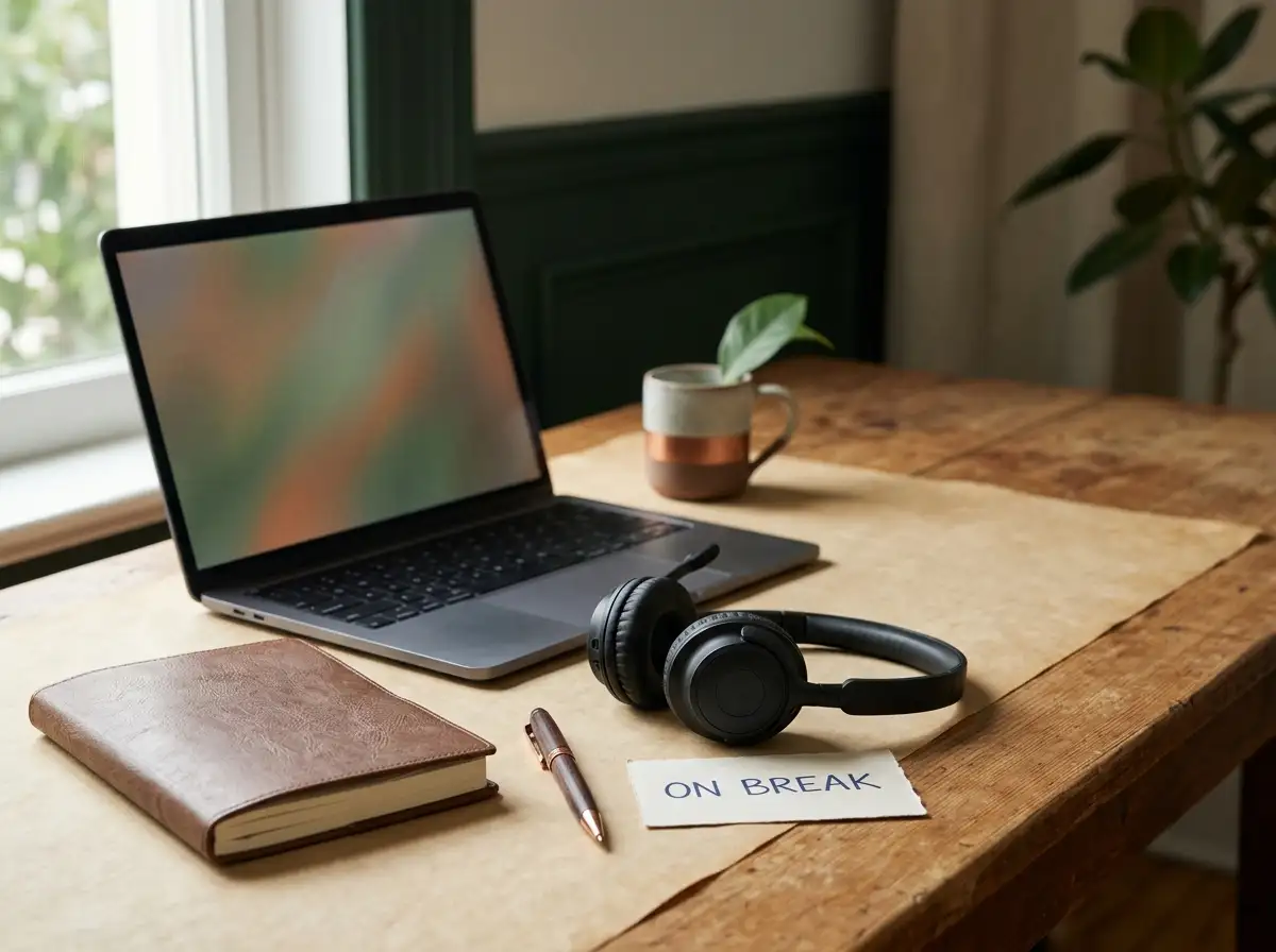 Headset, notebook and open laptop on a quiet work desk