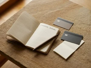 Unbranded cards, a blank payment note and a small ledger on a desk