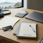 Blank financial documents, a plain card and a closed notebook arranged beside a laptop