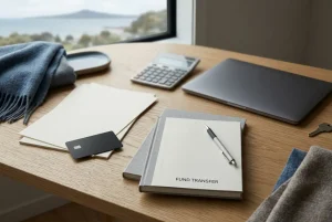 Blank financial documents, a plain card and a closed notebook arranged beside a laptop